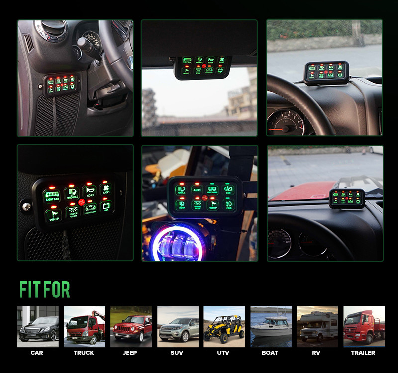 Auxbeam 8 Gang Switch Panel Automatic Dimmable Green LED On-Off Car Truck ATV