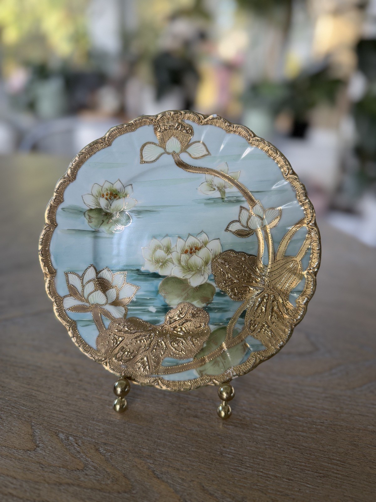 Vintage Hand Painted Nippon Water Lily Heavily Beaded Raised Gold Gild Plate