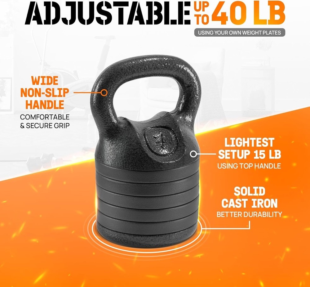 Adjustable Kettlebell Set, 20–40 LB Weight Set, Solid Cast Iron Handle with S...