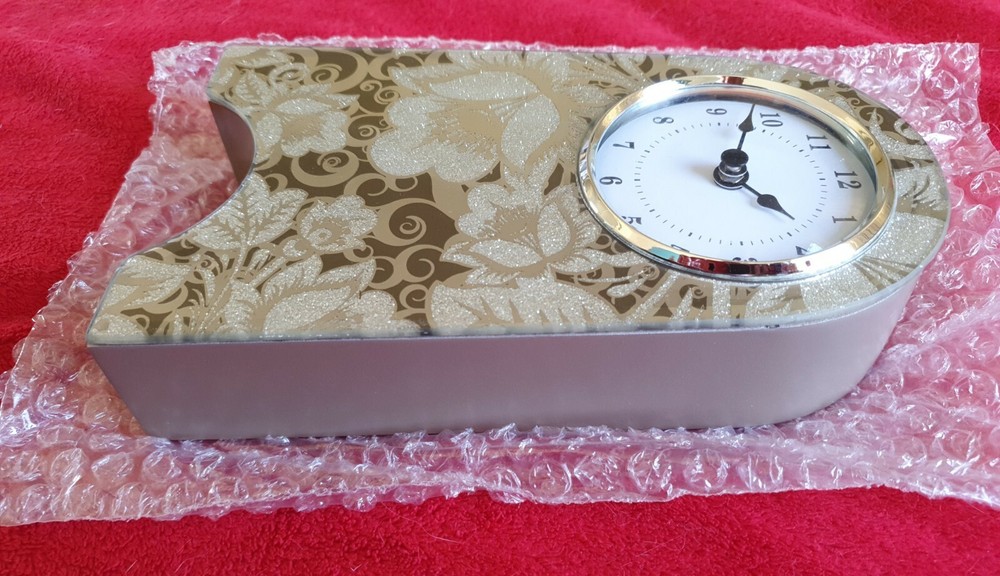 Glitzi Clock - 22cm Tall. Mirror Finish With Flower Glitter Pattern