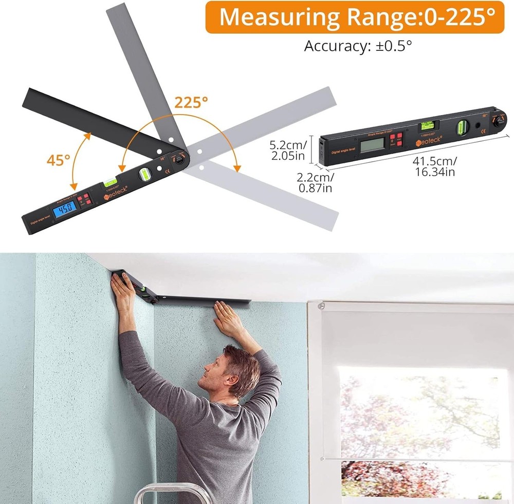 Backlit LCD Digital Protractor for Measuring Angles with Horizontal Bubble Level