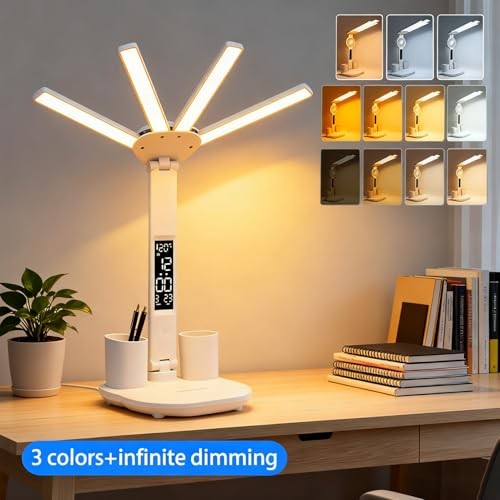 Led Desk Lamp with Clock Foldable Study Lamp 3 Lighting Modes Table with clock