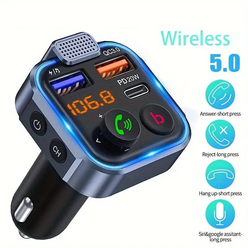 Bluetooth 5.0 Car Wireless FM Transmitter Adapter USB PD Charger AUX Hands-Free