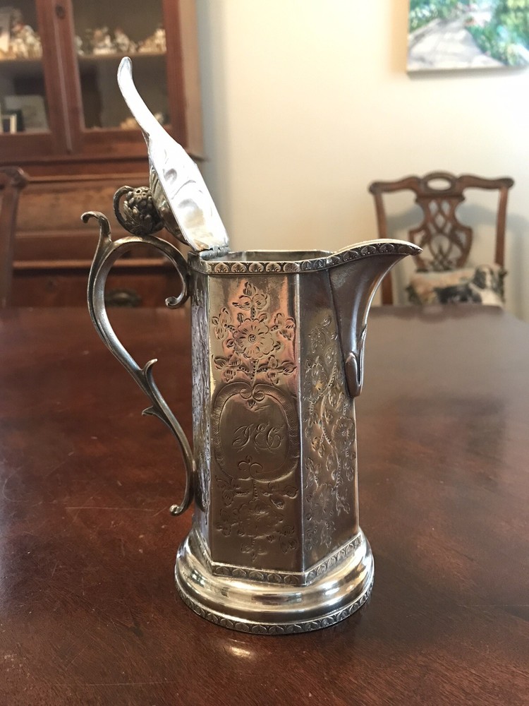 Antique Victorian Silver Plate Syrup Pitcher Engraved