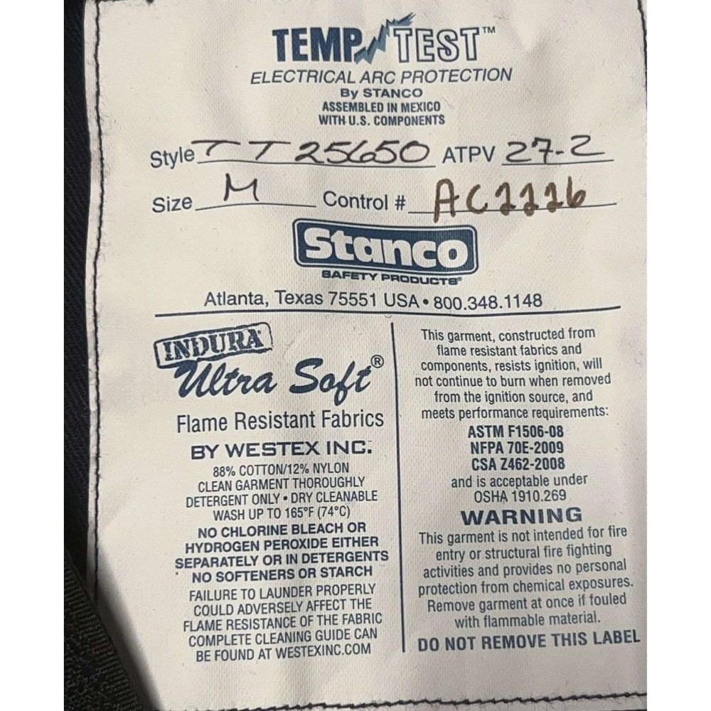 Stanco TEMP-FLEX Arc Flash Jacket 170 Navy Blue Arc Protection Size Medium