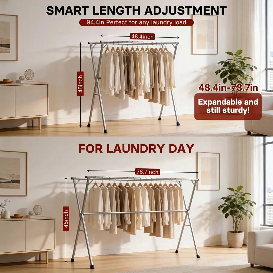 Three-Bar Foldable Clothes Drying Rack 78.7" Two Types, Retractable Leng
