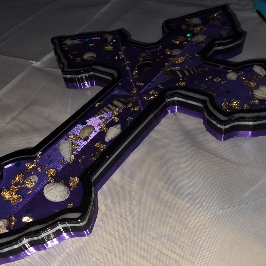 Handmade Cross Wall Decor 9x6+ GITD Goldflake & Seashells Authentic Gift W/Drape