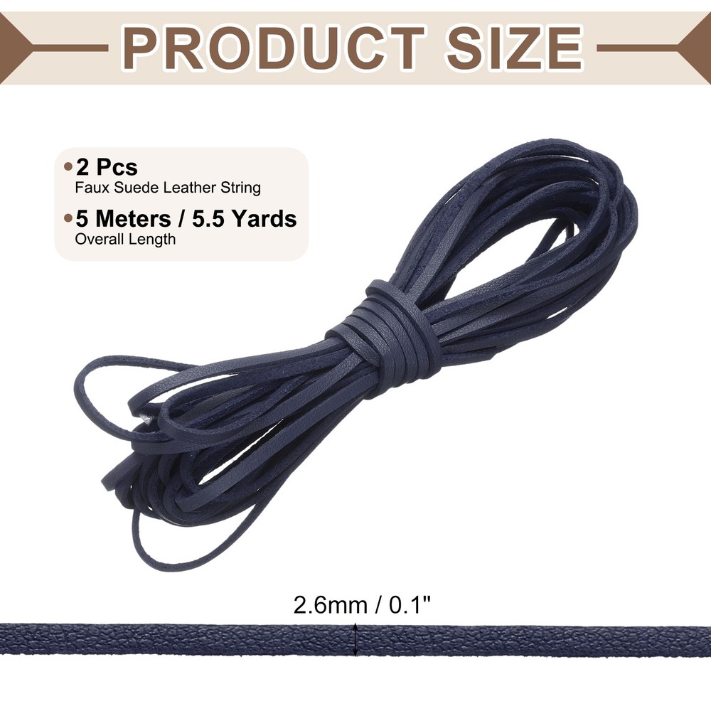 2 Pcs Flat Suede Leather Cord, 5.5 Yards 2.6mm Craft Braid String, Dark Blue