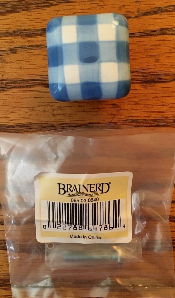 NEW BRAINERD BLUE PLAID CERAMIC CABINET DOOR KNOB KNOBS FREE SHIPPING