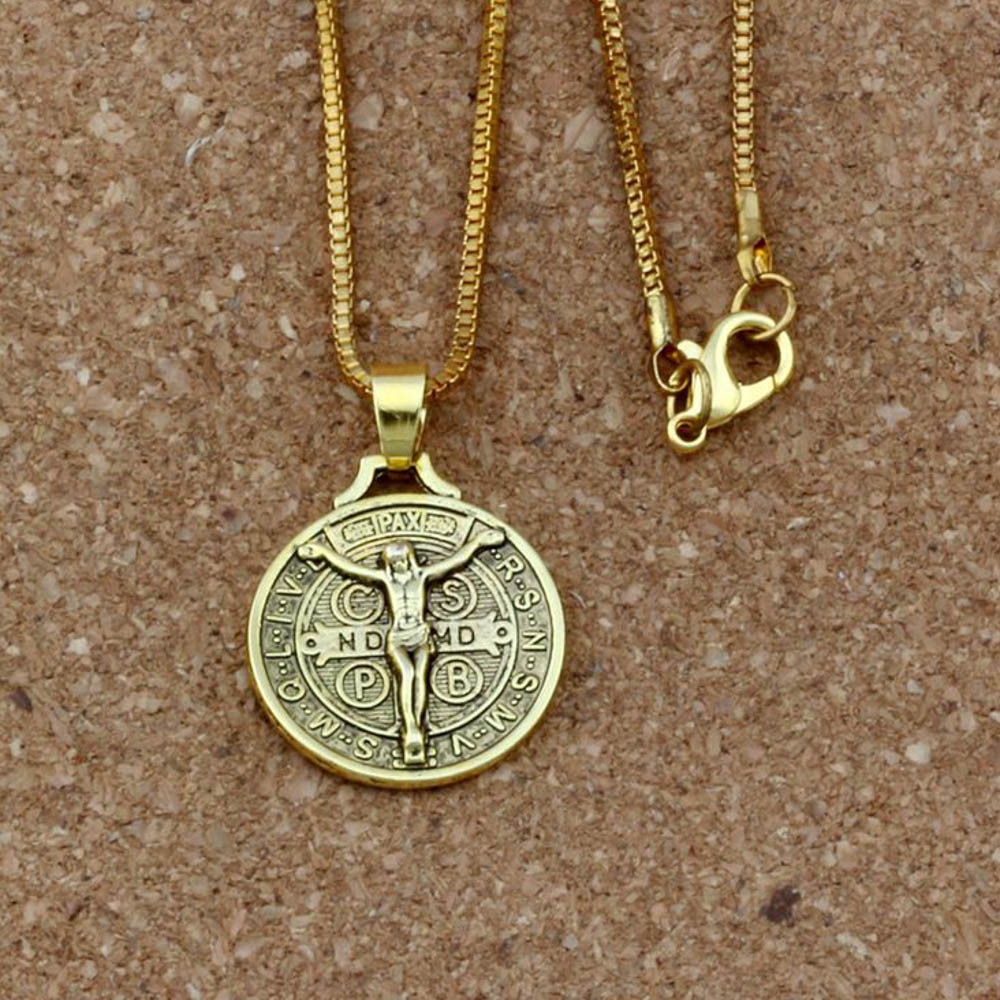 Gold Jesus Crucifix Saint St Benedict Medal Cross Pendant Necklace 24" Box Chain