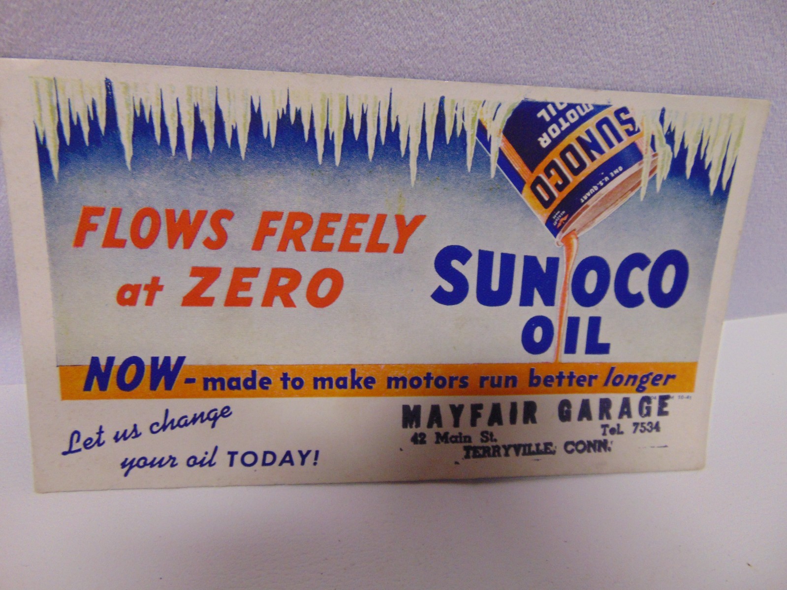 original 1941 Sunco Oil cardboard display sign Terryville, Connecticut 7" x 4"