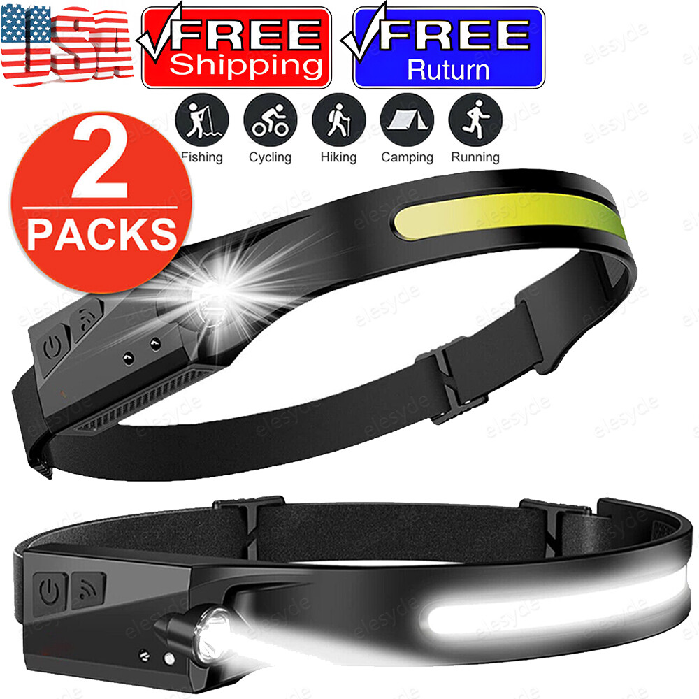2PCS Headlamp Light Rechargeable 230° Beam Motion Sensor Waterproof Flashlight