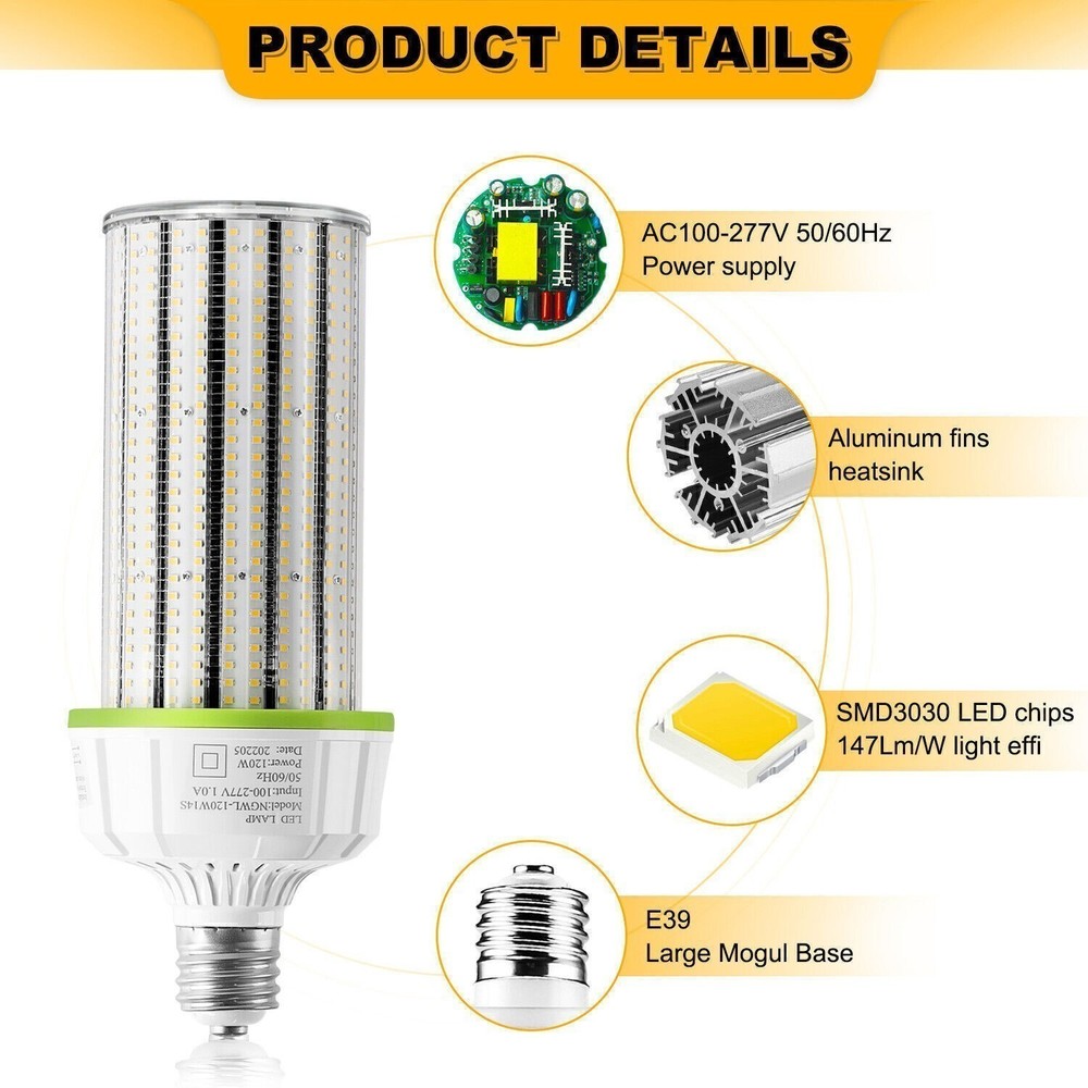 6Pack 120W LED Corn Light Bulb E39 Base Warehouse Workshop Garage Lighting 5000K