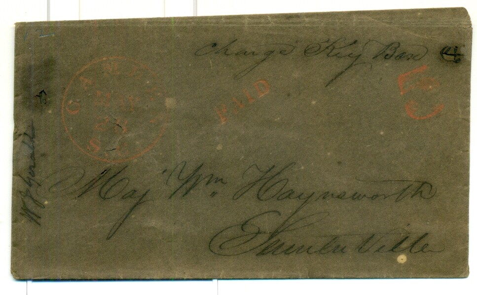 CONFEDERATE STATES handstamped PAID "CAMDEN S.C." in RED + 5¢, quite scarce