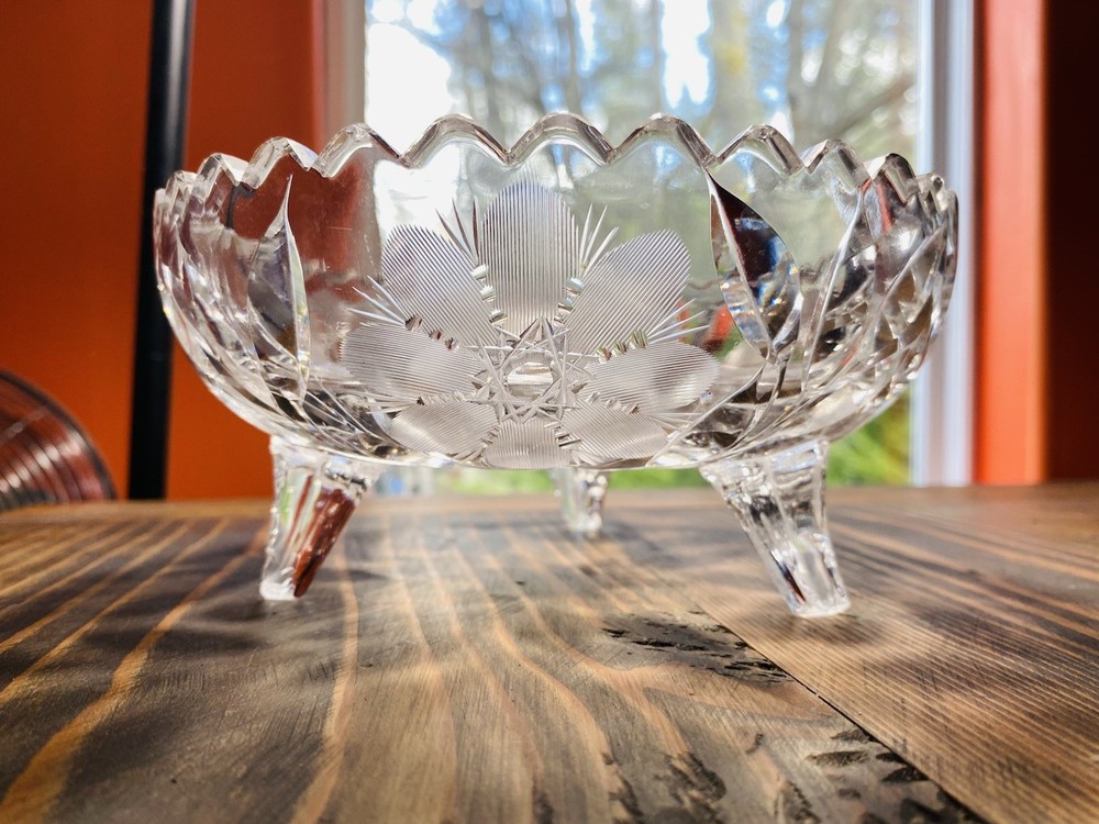 Cut Crystal 3-Footed Candy Bowl with Wheel-Cut Floral Pattern