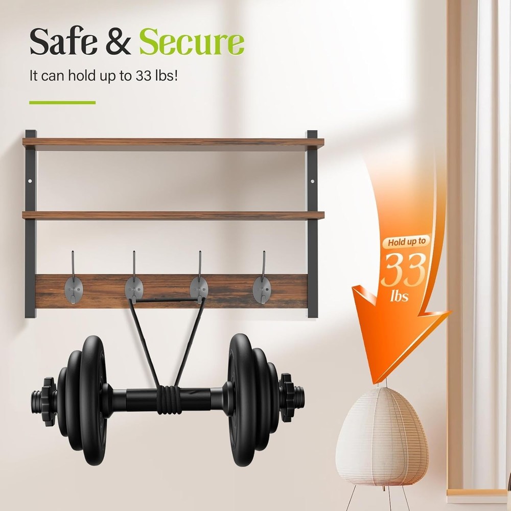 2 Tier Coat Rack Wall Mount with Shelf 33" Hooks Entryway 2 Pack