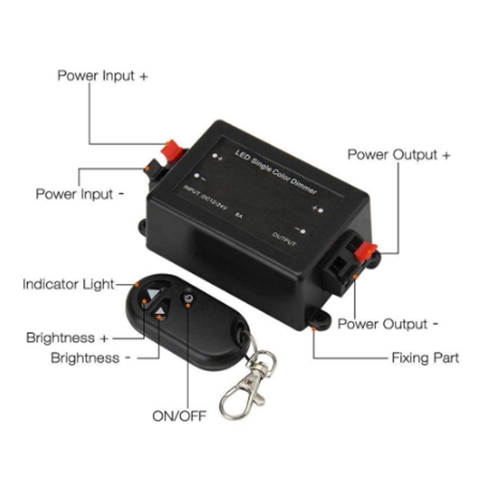 LED Light Dimmer 8A RF 433Mhz Wireless Remote Brightness Controller DC 12V~24V