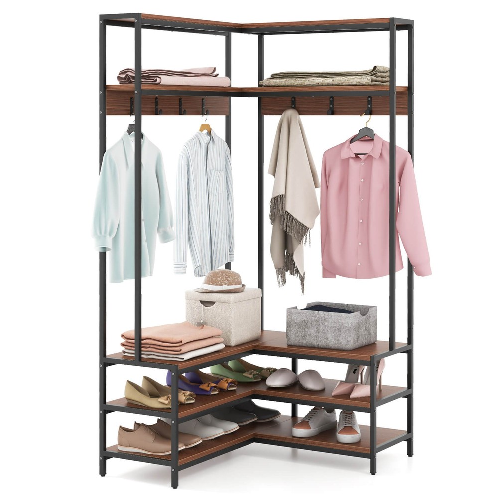 Corner Garment Rack w/ Open Shelves & 7 Hooks Shoe Bench Solid Metal Frame
