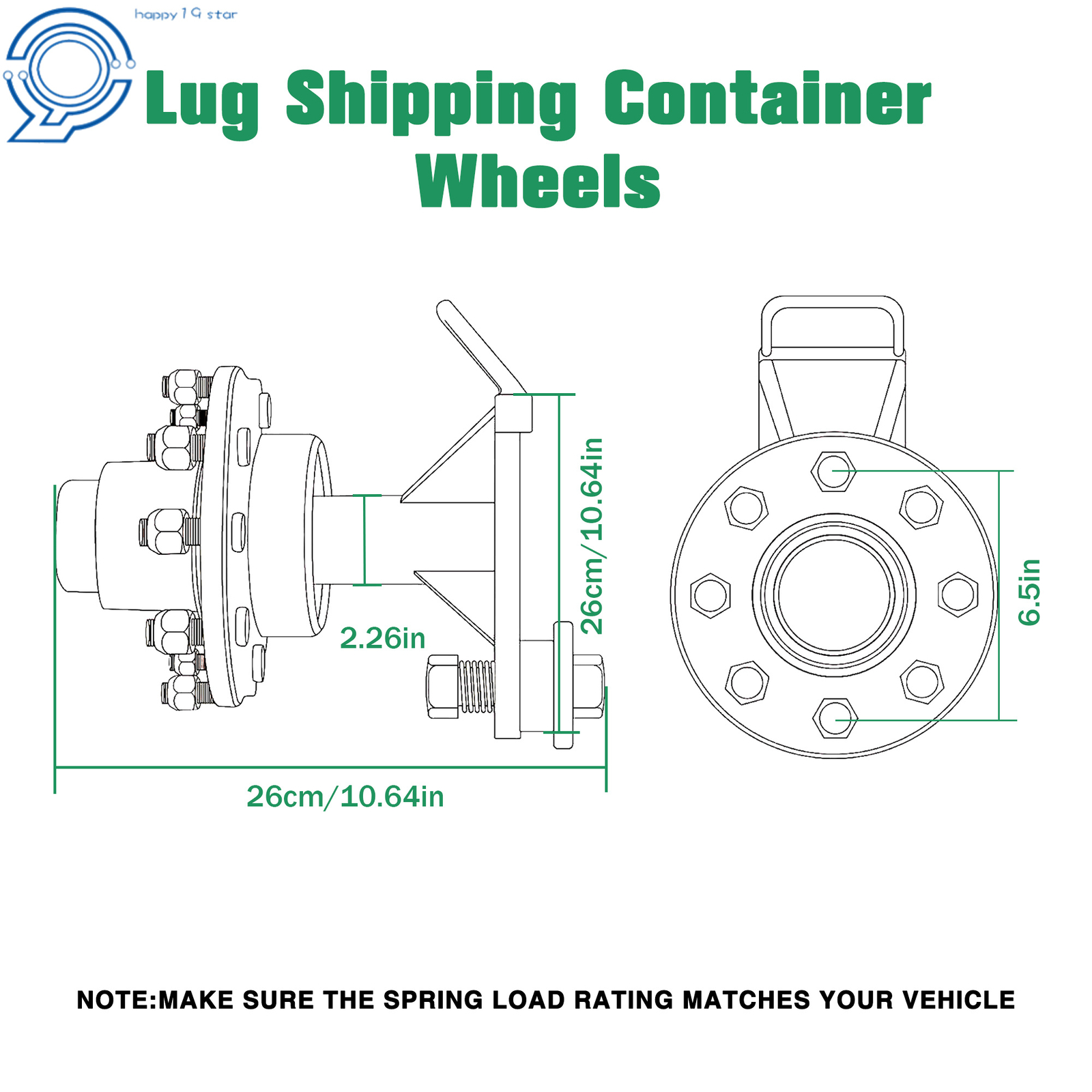 Shipping Container Wheels 8x6.5 Lug Bolt-On Spindle Kit with Handle