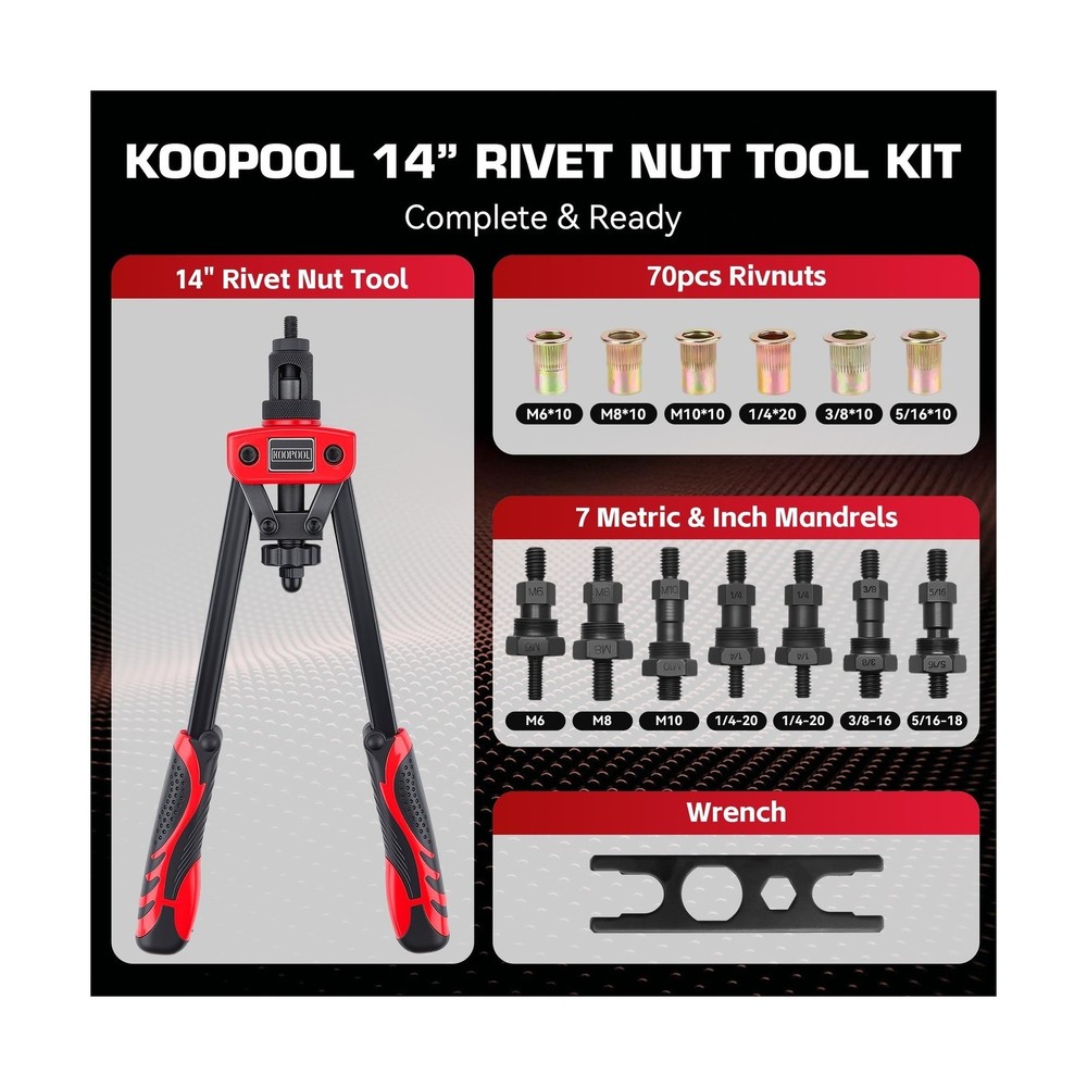 KOOPOOL 14" Rivet Nut Tool Kit, Heavy-Duty Rivnut/Nutsert Tool with 7 Mandrel...