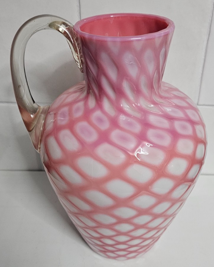 EAPG Victorian Glass Opaque Pink White Lattice Pitcher Jug