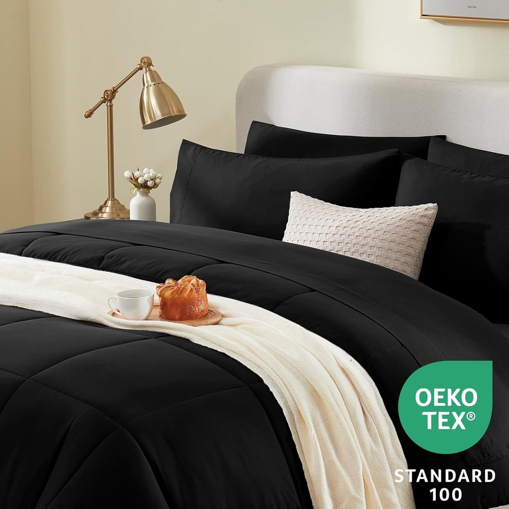 Black Queen 7-Piece Pocketed Bed Comforter Set Black Queen Bed Comforter Set