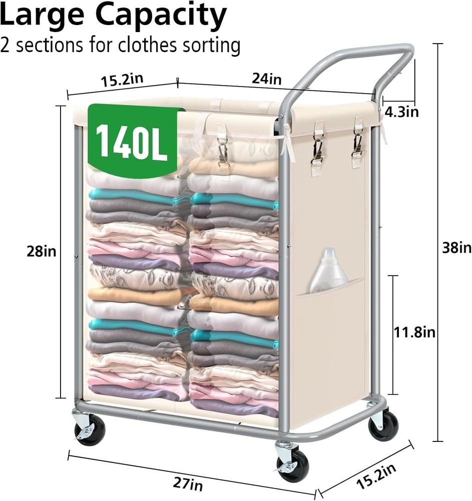 Laundry Hamper 2 Section Rolling Laundry Basket W/ Wheels Laundry Cart New