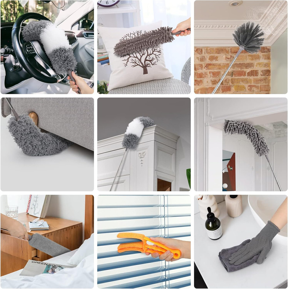 12pc Extendable Duster Kit 100in Pole with Microfiber Cobweb & Crevice Brushes