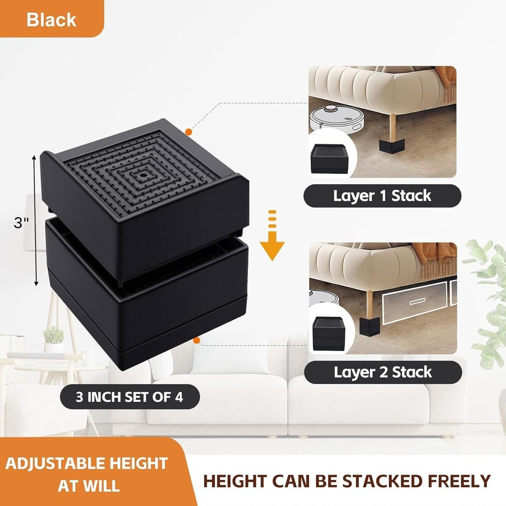 Furniture Riser Adjustable Raise Blocks Heavy Duty for Bed Couch 3 inch 4 pack