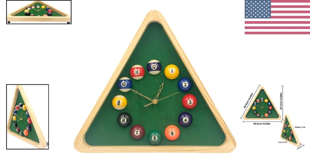 Billiard Art Clock - 14-inch Solid Wood Triangle Clock for Game Room Decor
