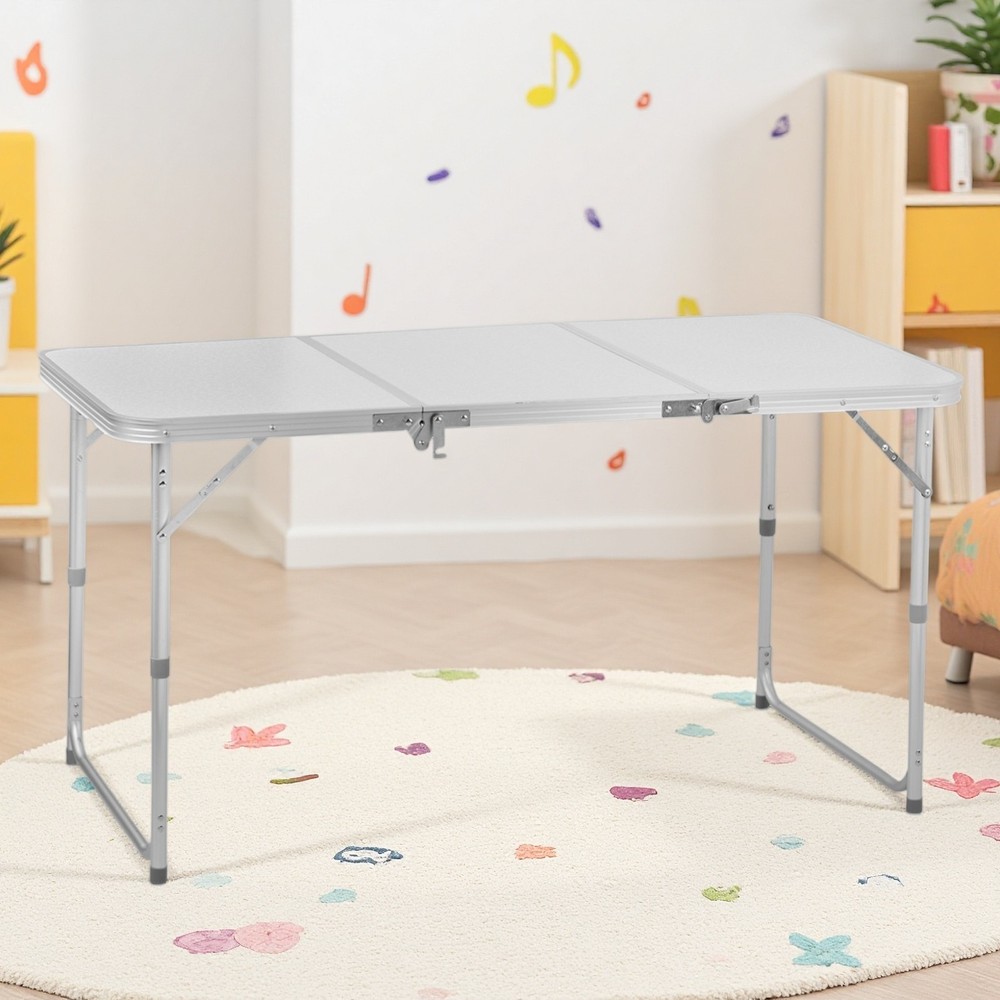 Folding Camping Table 4ft - Adjustable 3-Fold Patio Picnic Aluminum Frame White