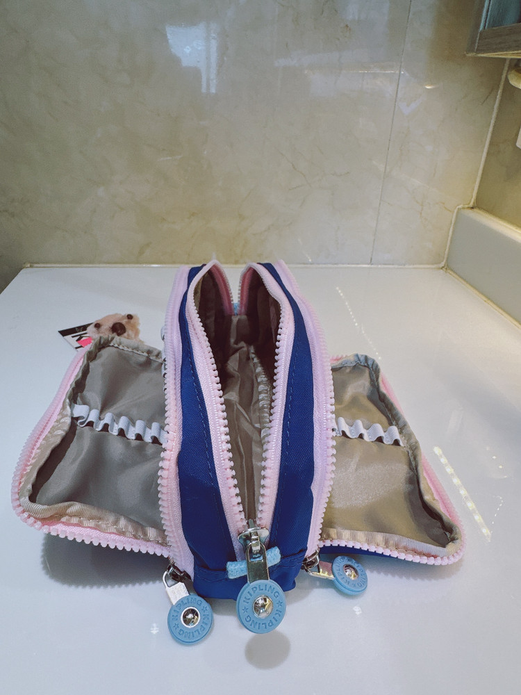 NEW Kipling Gitroy Pencil Case Cosmetic Case Blush blue Monkey Charm