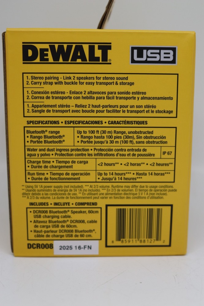 New DEWALT DCR008 USB-C Rechargeable Mini Bluetooth Speaker