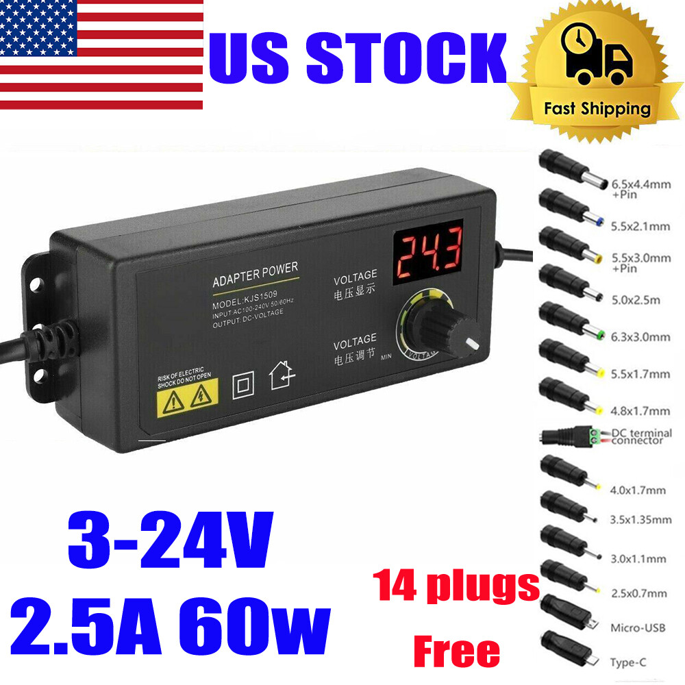 60W Power Supply Adjustable Variable Voltage DC 3V~24V Universal  AC/DC Adapter