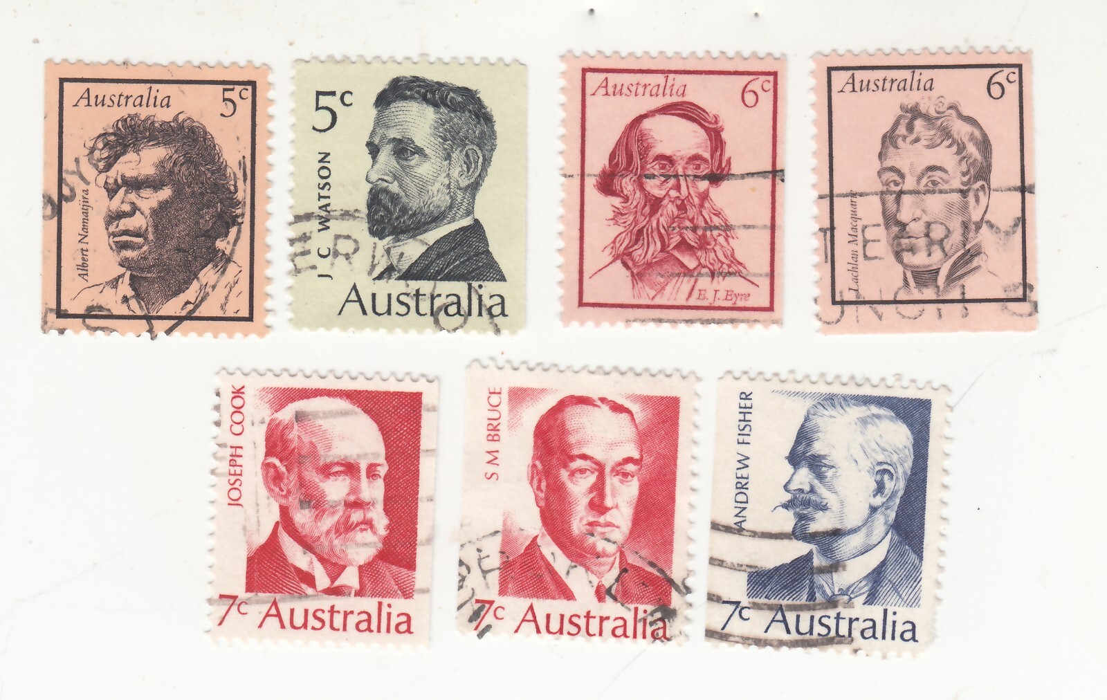 Australia Famous People. Namatjira, Watson, Eyre, Macquarte, Cook, Bruce, Fisher