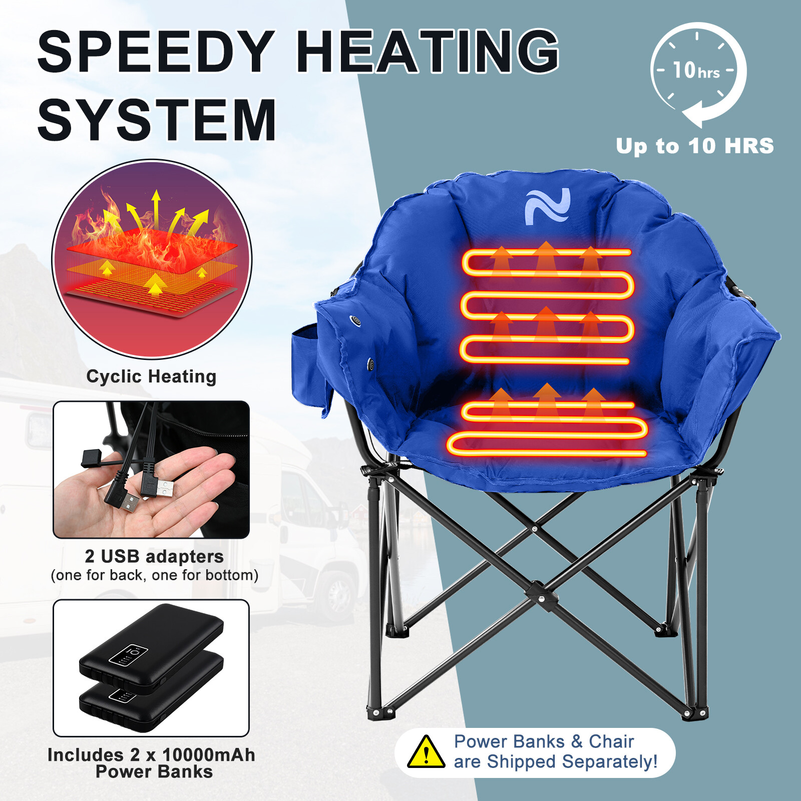 NAIZEA Heated Camping Chair With 2*10000mAh Power Bank Oversized Folding Chair