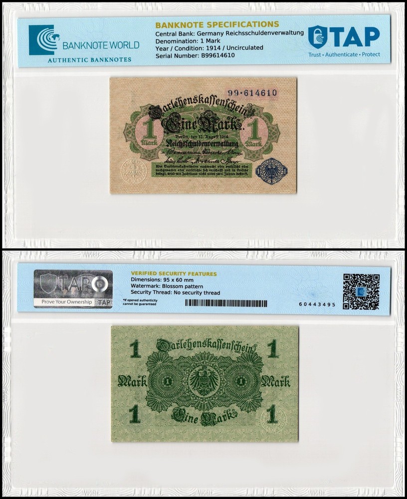 Germany 1 Mark, 1914, P-52, UNC, TAP Authenticated