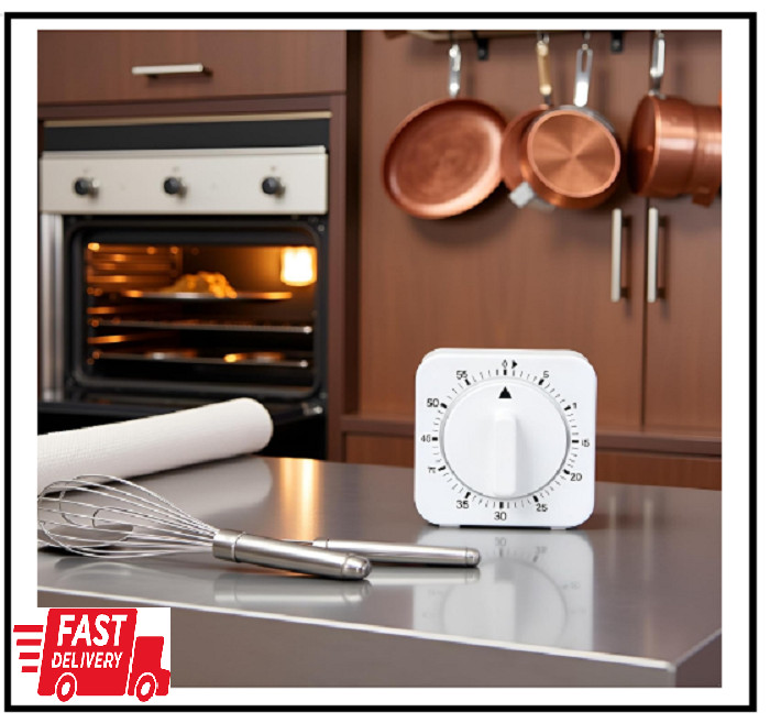 White Timer Clock Square 60-Minute Mechanical Kitchen Wind up
