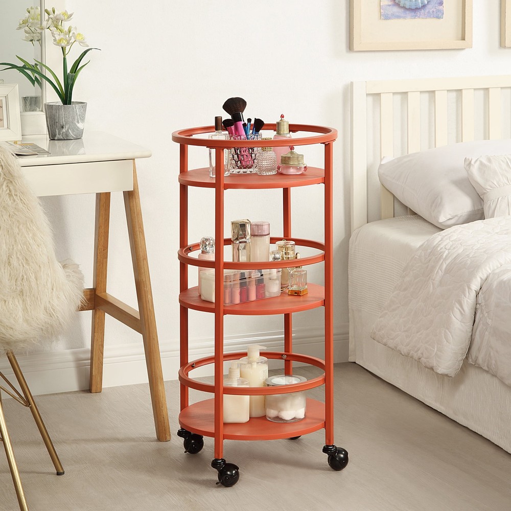 32" 3-Tier Rolling Round Kitchen Storage Bar Cart, Red
