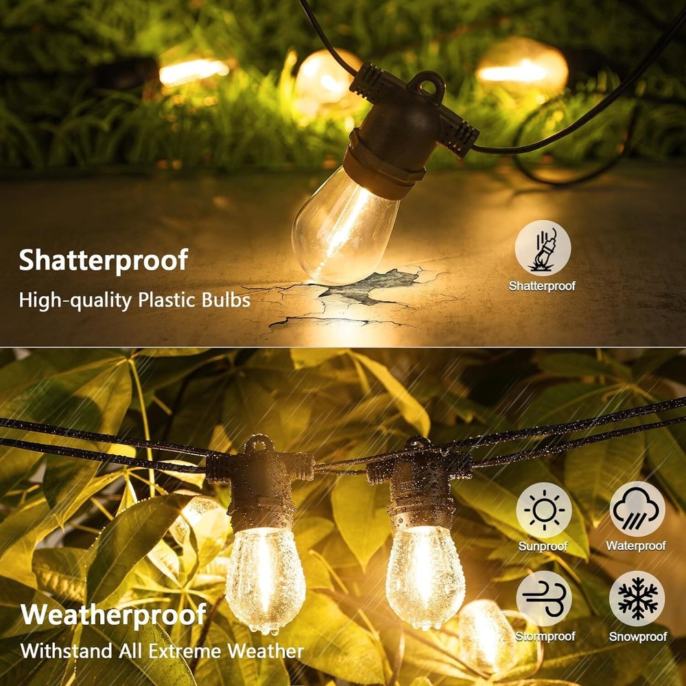Vintage S14 LED String Lights 54ft Shatterproof IP65 Warm White Connectable