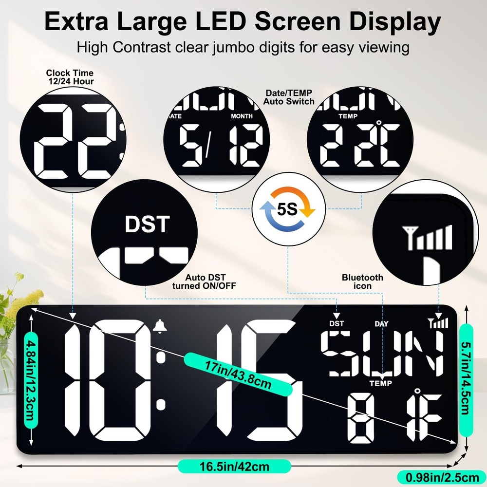 XREXS 17.2" Digital Wall Clock with Remote Control, Bluetooth Sync Time LED D...