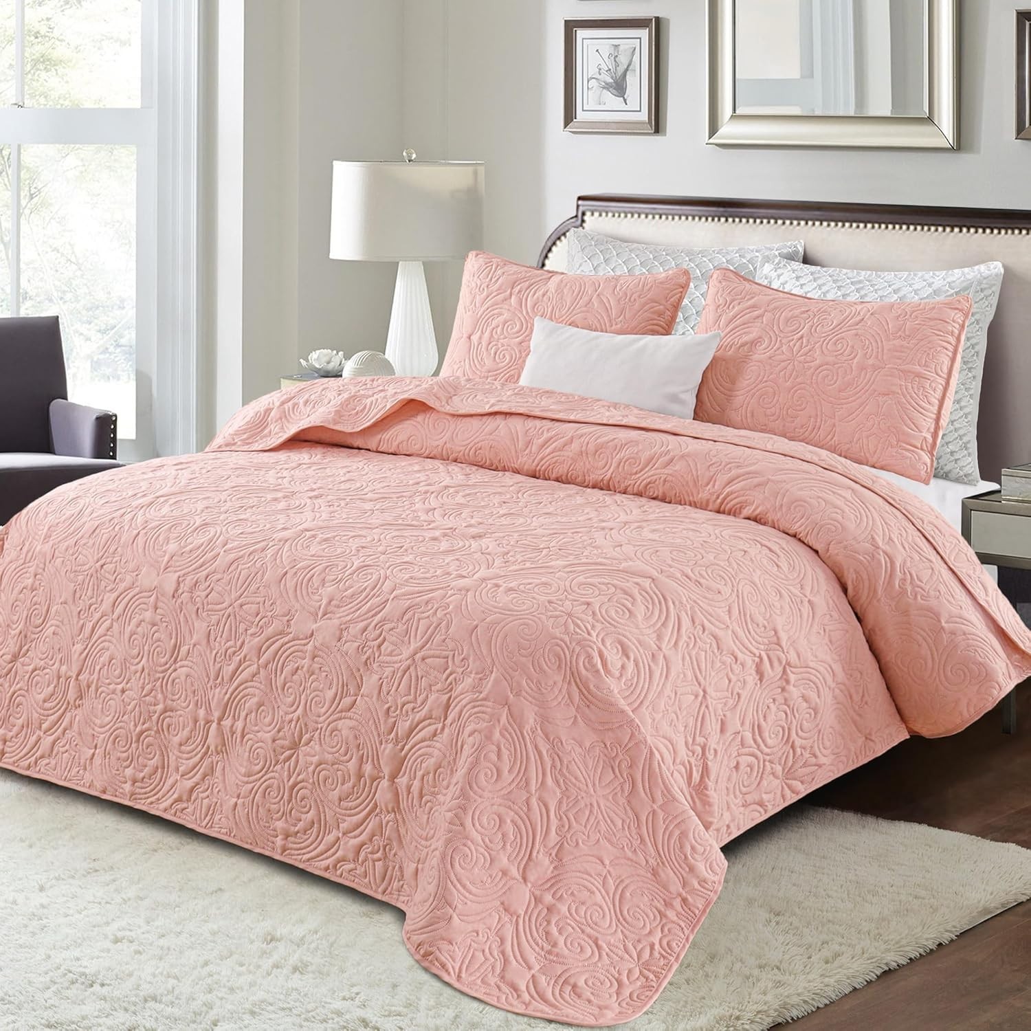 Quilts Queen Size Bedding Set with 2 Pillow Shams, Lightweight Blush Pink Ful...