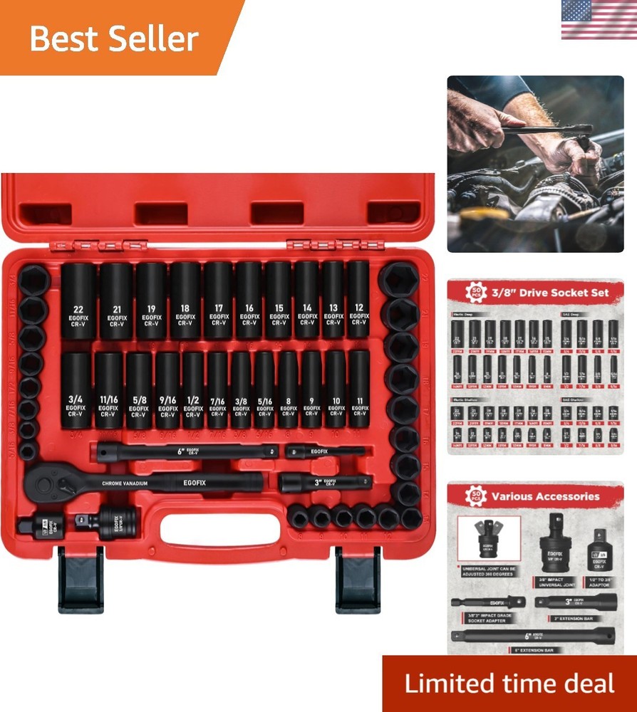 Complete 50-Piece Chrome Vanadium Socket Set with 6-Point Design & Accessories