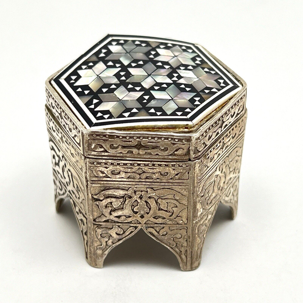 Hexagonal MOP Inlaid Embossed Sterling Arabic Islamic Table Hinged Trinket Box