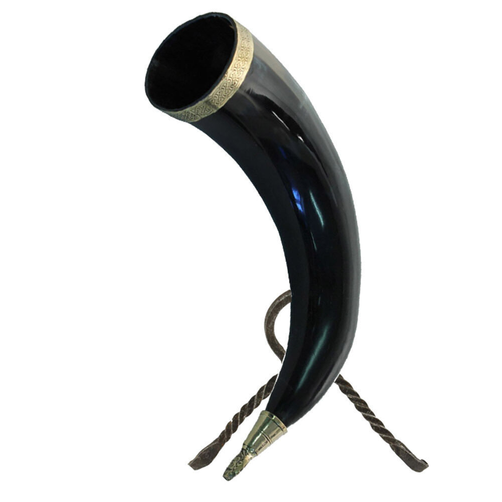 Brass-Adorned Medieval Renaissance Drinking Horn with Metal Stand 100% real Horn