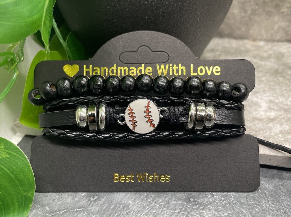 2 PC Baseball Wood Bead PU Leather Bracelet Stackable Adjustable Tie New B3360