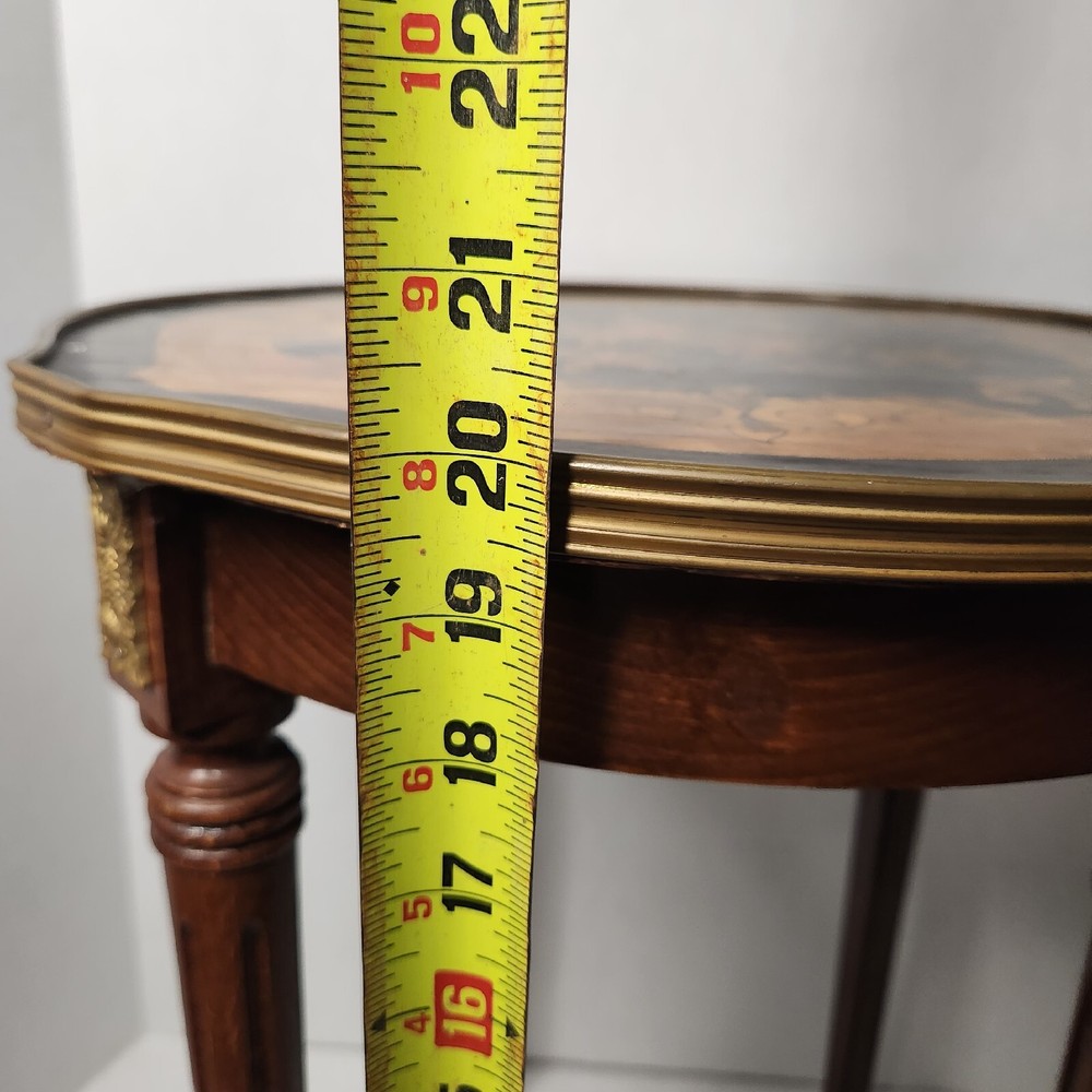 French Side Table W/ Handpainted Ebonized Top Metal Edging Ormolu Accent Antique