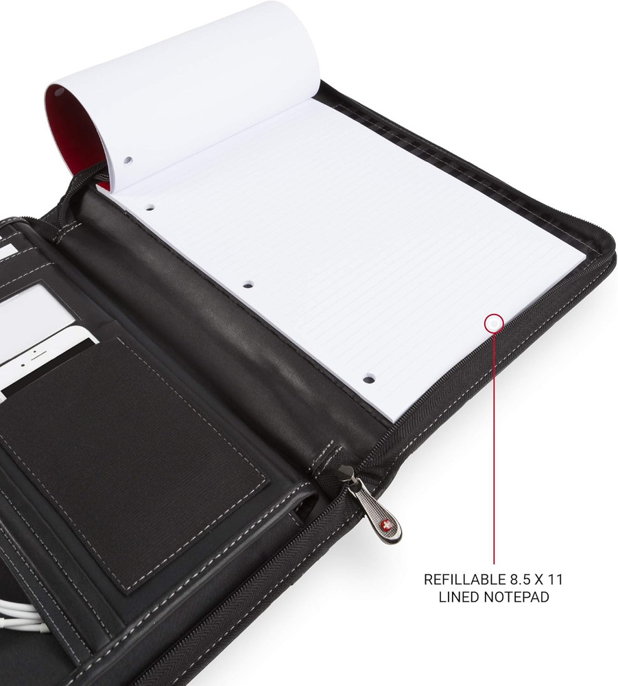 Concept Zippered Padfolio, Padded Document Organizer, Black