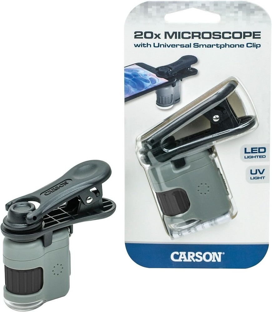 20x LED Lighted Pocket Microscope with Universal Smartphone Digiscoping Adapter