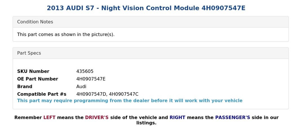 2013 AUDI S7 - Night Vision Control Module 4H0907547E